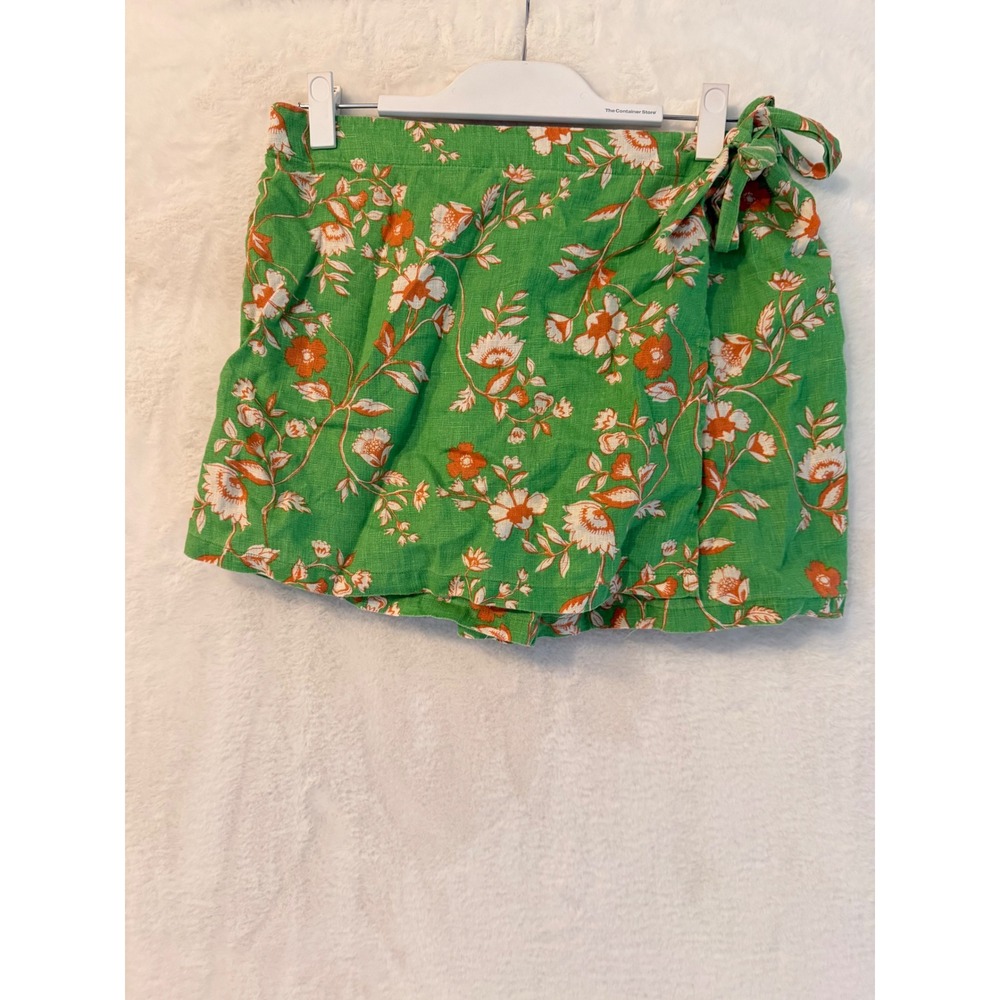 C&C California Women M Green Floral 100% Linen Wrap‎ Skort Mini Shorts Side Tie
